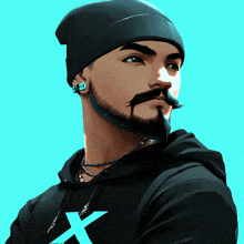 a man with a beard wearing a beanie and a black hoodie with an x on it