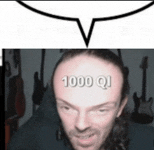 a man with a ponytail and a speech bubble that says 1000 qi