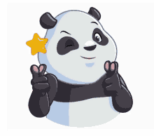 a panda bear is giving a peace sign and has a star above his head