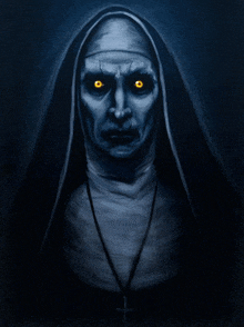 a nun with glowing eyes and a cross around her neck