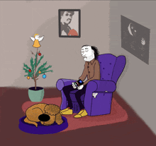 a cartoon of a man sitting in a purple chair