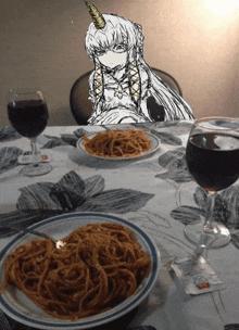 a drawing of a girl with a horn on her head sits on a table next to a plate of spaghetti