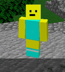 a yellow and blue minecraft character with a smiley face on his face