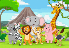 a group of cartoon animals are standing in a field with a volcano in the background