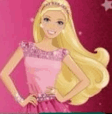 a barbie doll is wearing a pink dress and tiara and smiling .