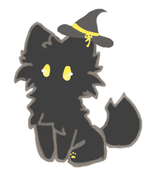 a drawing of a black cat with a witch hat on