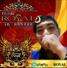 a man covering his mouth in front of a family royal advertisement