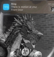 a black and white photo of a dragon holding a watch and a ring notification