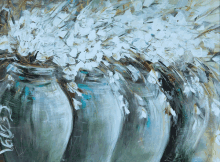 a painting of vases filled with white flowers