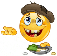 a cartoon smiley face wearing a hat is holding a bowl of money .