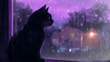 a black cat looking out of a window with rain drops on the glass