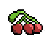 a pixel art drawing of two cherries with a green stem on a white background .