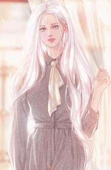 a woman with long white hair is wearing a dress and tie