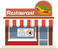 a cartoon illustration of a restaurant with a sign that says present vaxx pass no vaccine no service