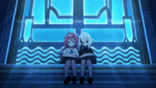 two anime characters are sitting in front of a blue window