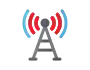 an antenna icon with red and blue waves coming out of it on a white background .