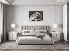 a bedroom with a painting of a little girl on the wall above a bed