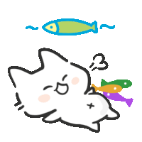 a cartoon drawing of a cat eating fish with a fish above it