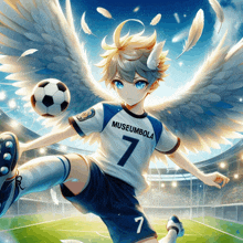 a boy with wings is wearing a museumbola jersey