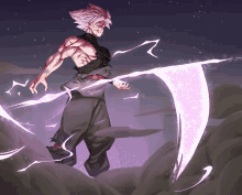 a drawing of a man with pink hair holding a sword