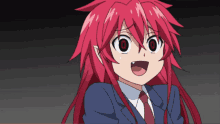 a girl with red hair and red eyes is wearing a blue suit and tie