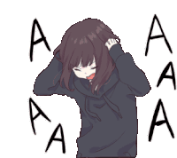 a girl in a black hoodie is holding her head surrounded by the letters aa .