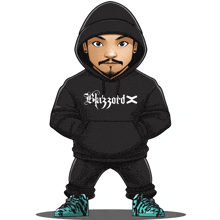 a cartoon of a man wearing a black hoodie that says blazzard