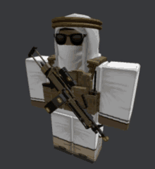 a roblox character wearing sunglasses and a hood holding a gun