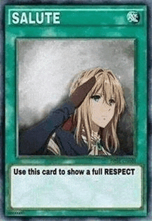 a card that says `` salute '' with a picture of a girl saluting on it .