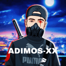 a cartoon of a man wearing a gas mask and holding a sword with the name adimos-xx at the bottom