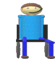 a cartoon character is sitting in a wheelchair with a smiley face on his face .