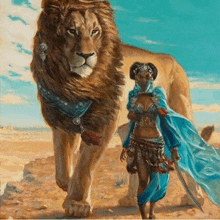 a painting of a woman with a sword standing next to a lion