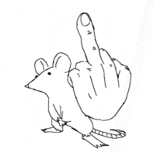 a black and white drawing of a mouse with a middle finger