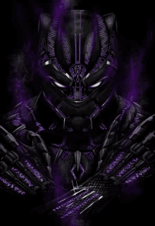 a black panther is surrounded by purple smoke and has a purple mask on