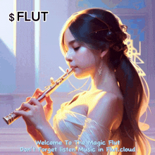 a painting of a woman playing a flute with the words welcome to the magic flut on the bottom