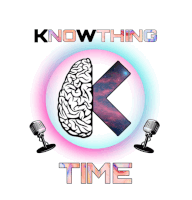 a logo that says know thing time with a brain and two microphones