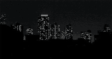 a black and white photo of a city skyline at night with a lot of buildings lit up .