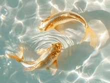 two gold fish are swimming in a pool of clear water