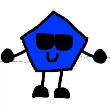 a drawing of a blue pentagon with arms and legs