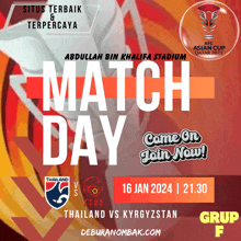 a poster for a match between thailand and kyrgyzstan on 16 january 2024