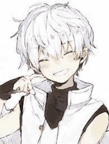 a boy with white hair is smiling and wearing a white vest and a black shirt .