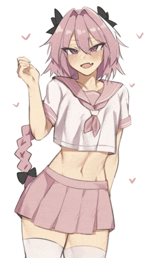 a drawing of a girl with pink hair wearing a crop top and pink skirt