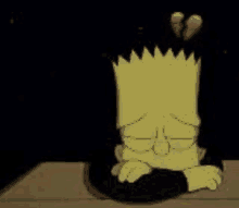 bart simpson is sitting at a table with a broken heart on his forehead .