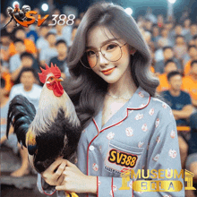 a woman holding a rooster with sv388 museum bola written on the bottom