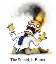 a cartoon of a man with fire coming out of his head and the words " the stupid it burns " below him