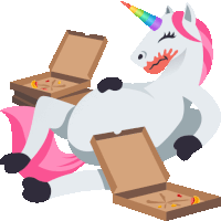 an illustration of a unicorn laying down with pizza boxes around it