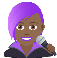 a woman with purple hair is holding a microphone in her hand