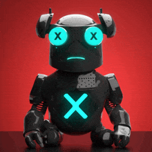 a robot with blue eyes and a glowing x on its face