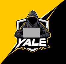 a logo for yale shows a man in a hood using a laptop