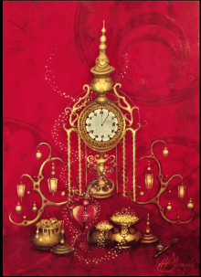 a clock on a red background has the hands on the numbers 1 and 2